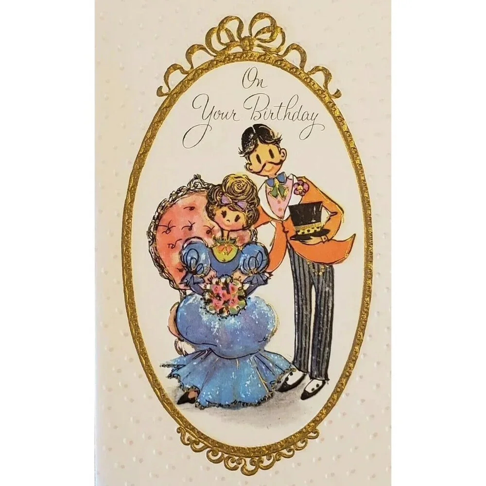 70s Birthday Card Gibson Girl Couple Old Fashioned Embossed Made USA Vintage